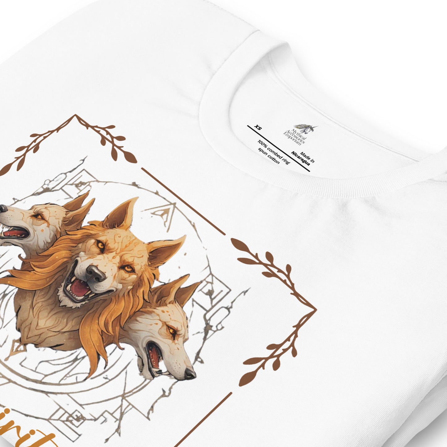 My Spirit Animal Cerberus men's Graphic Tee, folded on counter front Viewwhite t shirt. A three headed guardian of the underworld in golden browns with jaws open to display canines. Below the hellhound is my spirit animal