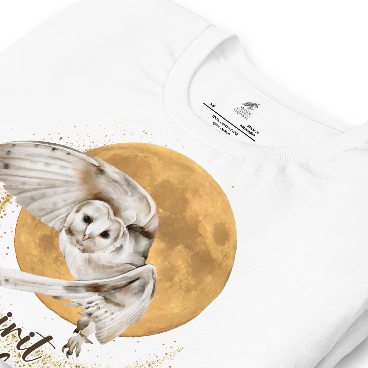 My spirit animal owl men's graphic tee, white shirt front folded view, white owl flying against a harvest moon wings sparking a gold magical halo, mythical accessories emporium