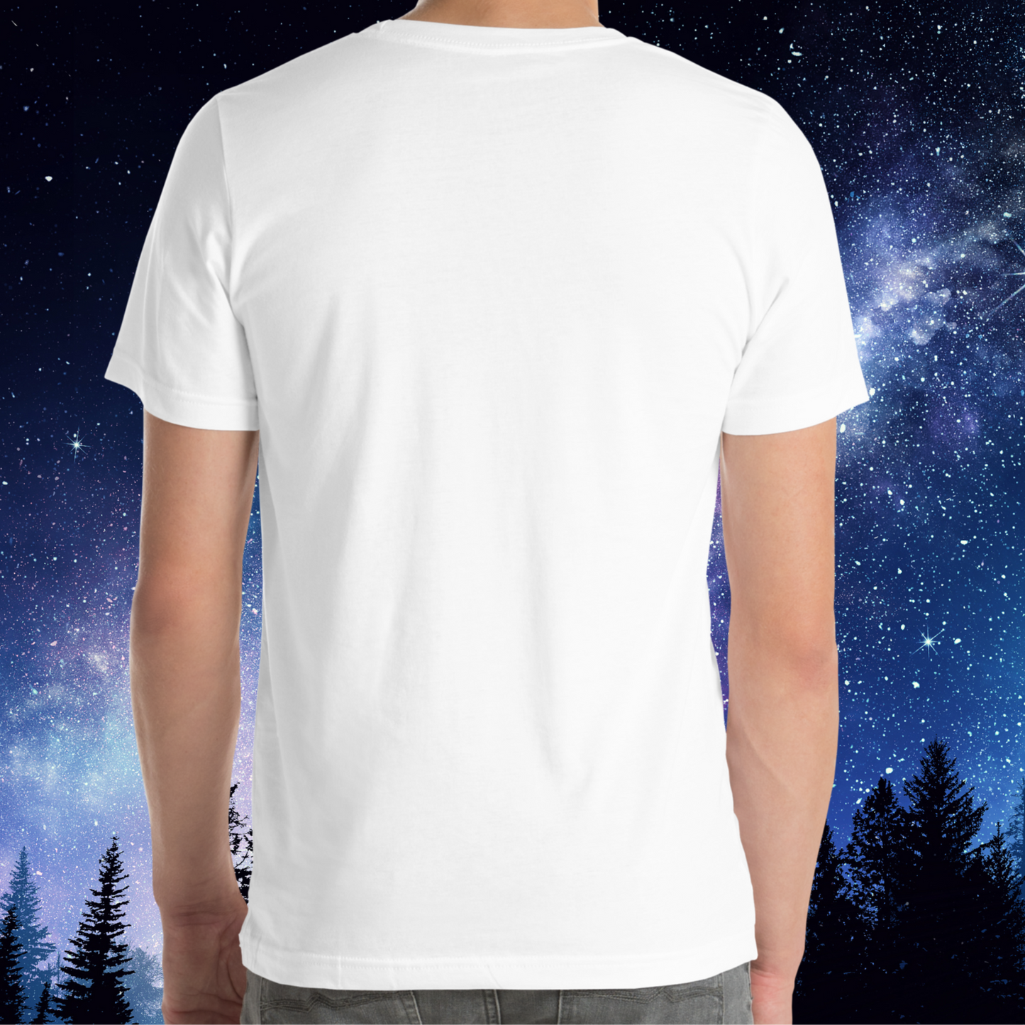 back view of model wearing white men's Virgo Tee. no image on the back of the tee. You can see the crew neck, short sleeves end mid upper arm, and hem falls right below the hip on the model. The perfect August or September Birthday Gift for him or yourself.