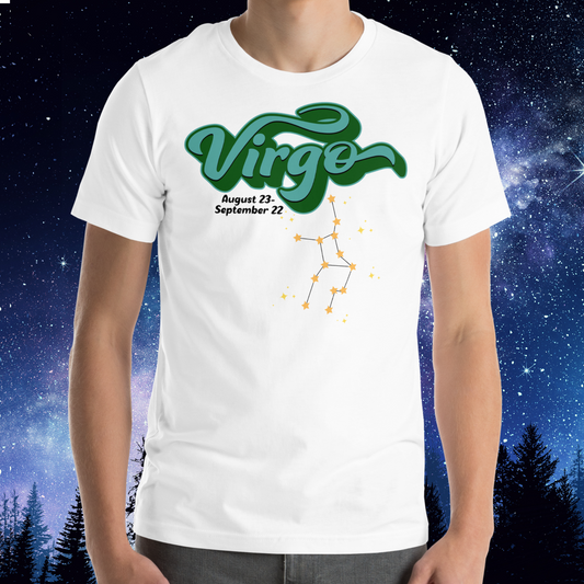 Front view of model wearing white men's Virgo Tee. This astrology Virgo T-Shirt has the word Virgo in large turquoise script shadowed in deep green for a 3-D effect. Below this it Says August 23-September 22. Under Virgo is the zodiac star constellation with yellow stars connected by a black line and lighter yellow smaller stars surrounding this. The perfect August or September Birthday Gift for him or yourself.