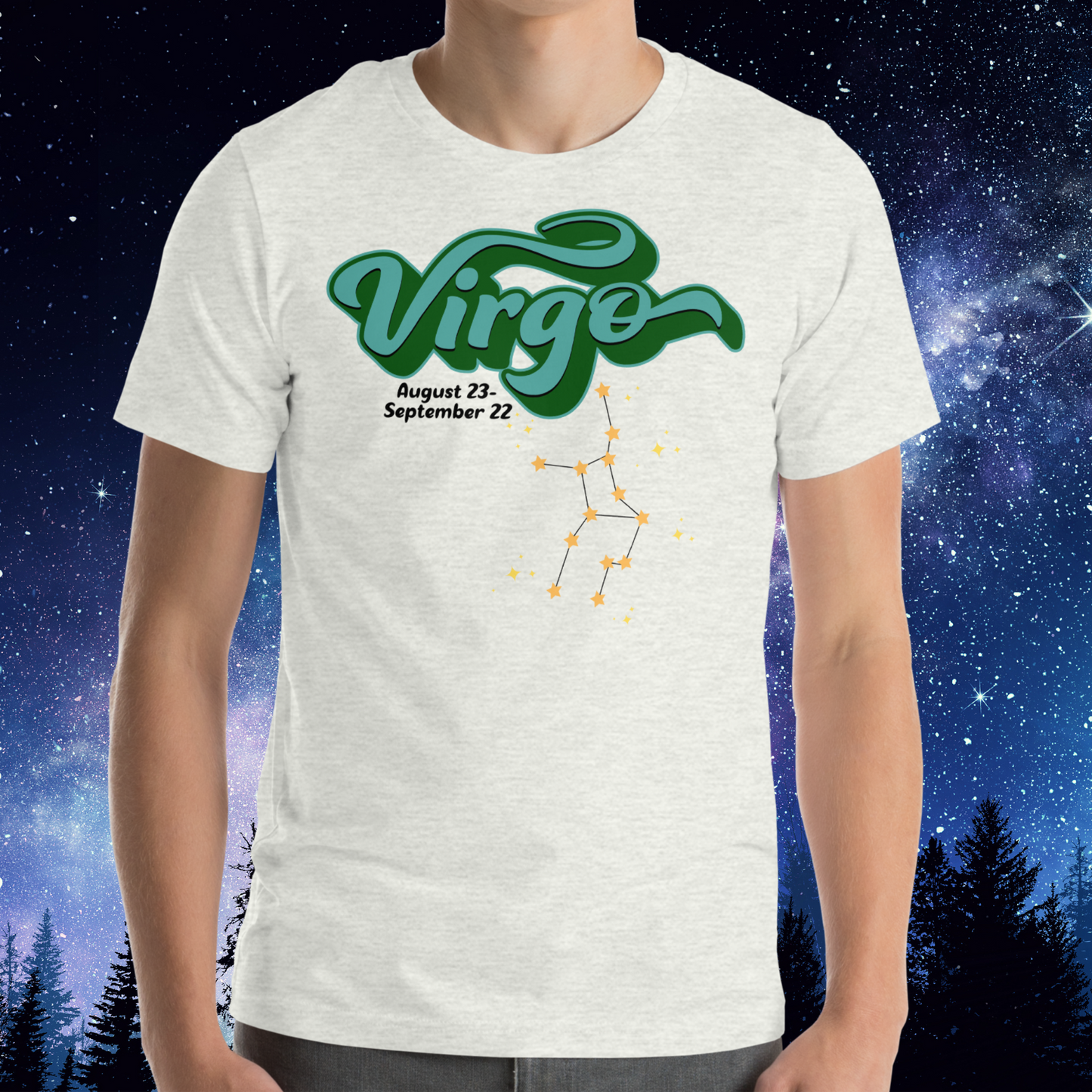 Front view of model wearing ash men's Virgo Tee. This astrology Virgo T-Shirt has the word Virgo in large turquoise script shadowed in deep green for a 3-D effect. Below this it Says August 23-September 22. Under Virgo is the zodiac star constellation with yellow stars connected by a black line and lighter yellow smaller stars surrounding this. The perfect August or September Birthday Gift for him or yourself.