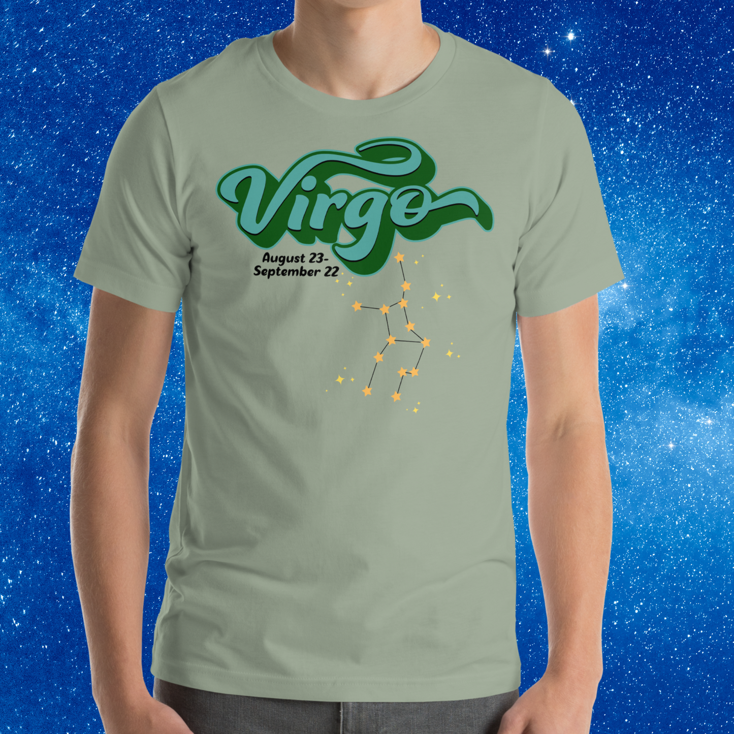 Front view of model wearing sage men's Virgo Tee. This astrology Virgo T-Shirt has the word Virgo in large turquoise script shadowed in deep green for a 3-D effect. Below this it Says August 23-September 22. Under Virgo is the zodiac star constellation with yellow stars connected by a black line and lighter yellow smaller stars surrounding this. The perfect August or September Birthday Gift for him or yourself.