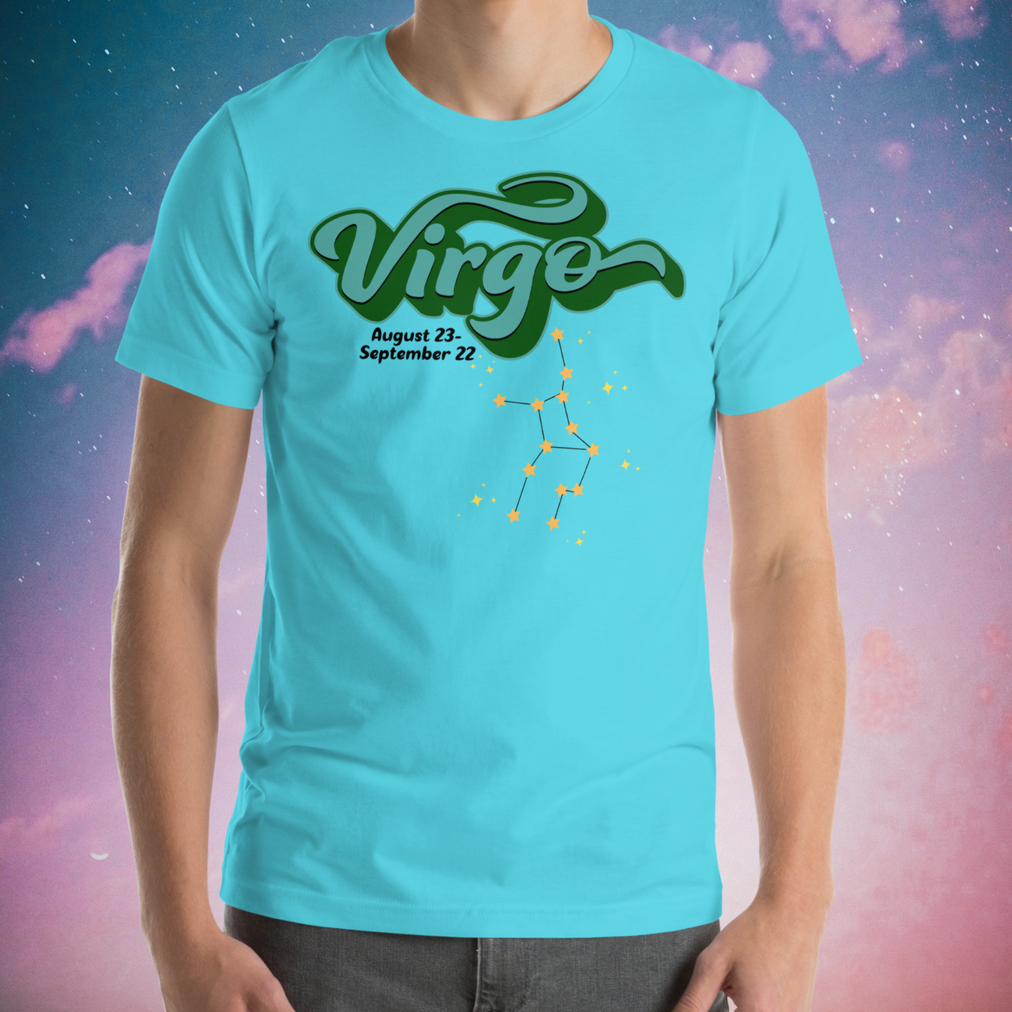 Front view of model wearing turquoise men's Virgo Tee. This astrology Virgo T-Shirt has the word Virgo in large turquoise script shadowed in deep green for a 3-D effect. Below this it Says August 23-September 22. Under Virgo is the zodiac star constellation with yellow stars connected by a black line and lighter yellow smaller stars surrounding this. The perfect August or September Birthday Gift for him or yourself.
