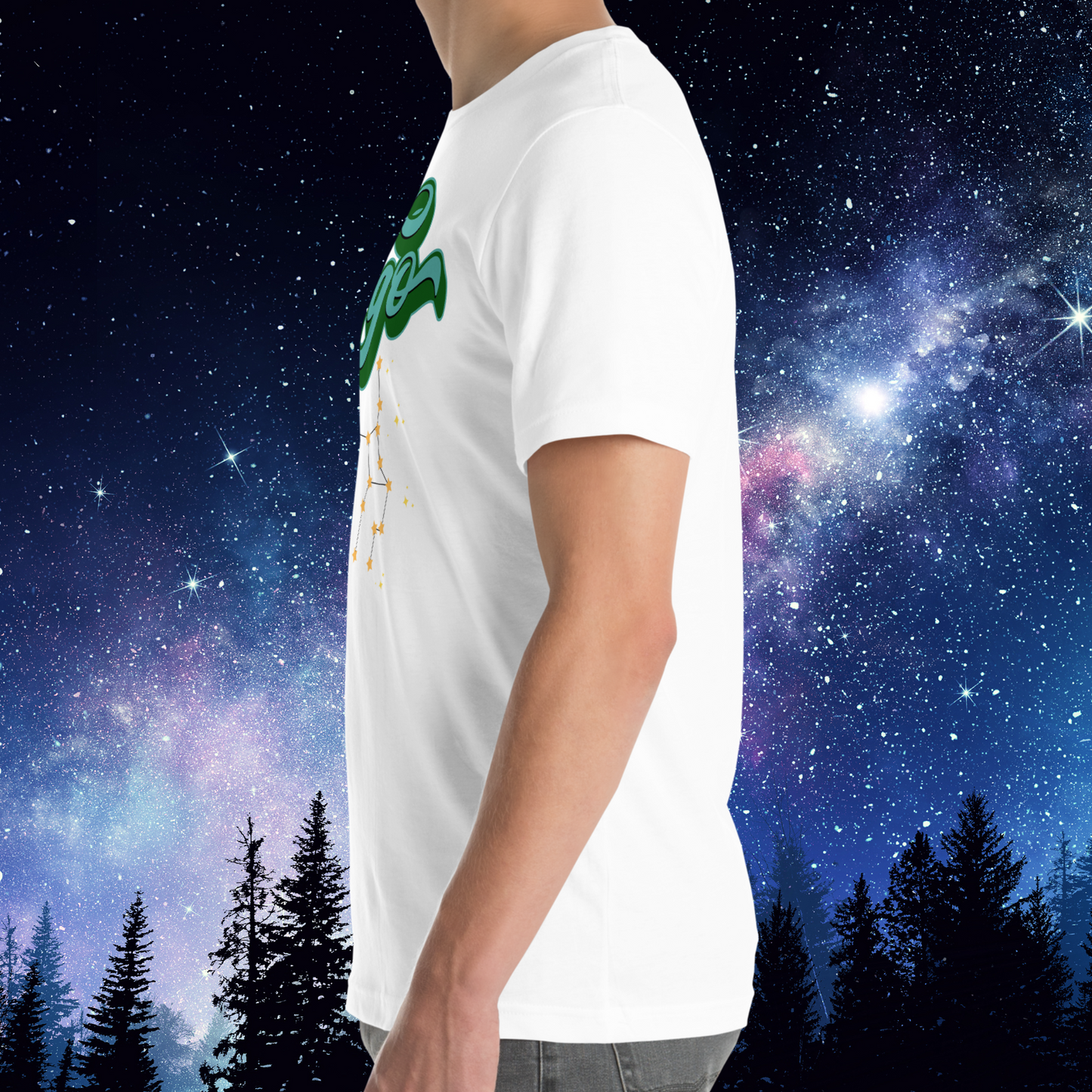 Left side view of model wearing white men's Virgo Tee. This astrology Virgo T-Shirt has the word Virgo in large turquoise script shadowed in deep green for a 3-D effect. Below this it Says August 23-September 22. Under Virgo is the zodiac star constellation with yellow stars connected by a black line and lighter yellow smaller stars surrounding this. The perfect August or September Birthday Gift for him or yourself.