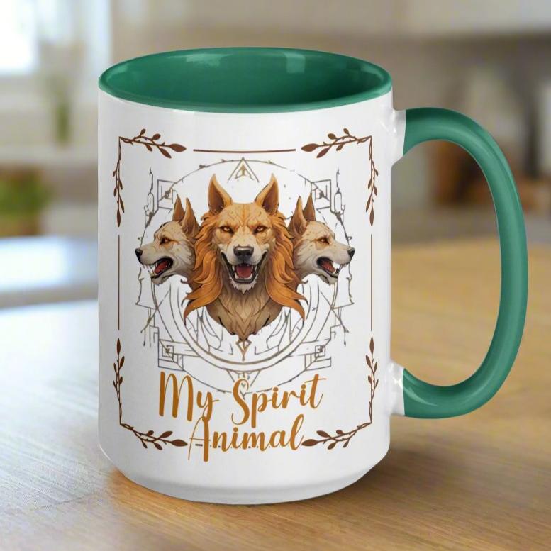 Mug, handle to the right interior and handle green. A three headed guardian of the underworld in golden browns, each head facing a different direction. Design centered on mythic symbols framed in branches. Under Cerberus text in gold says My Spirit Animal