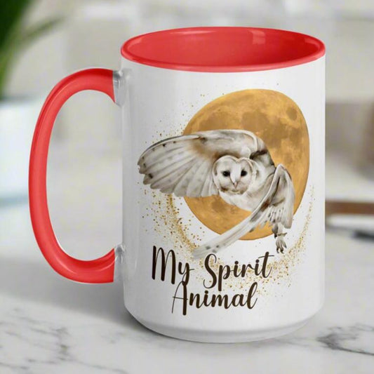 My spirit animal owl coffee mug, red interior and handle, handle to the left, white owl flying against a harvest moon wings sparking a gold magical halo, mythical accessories emporium