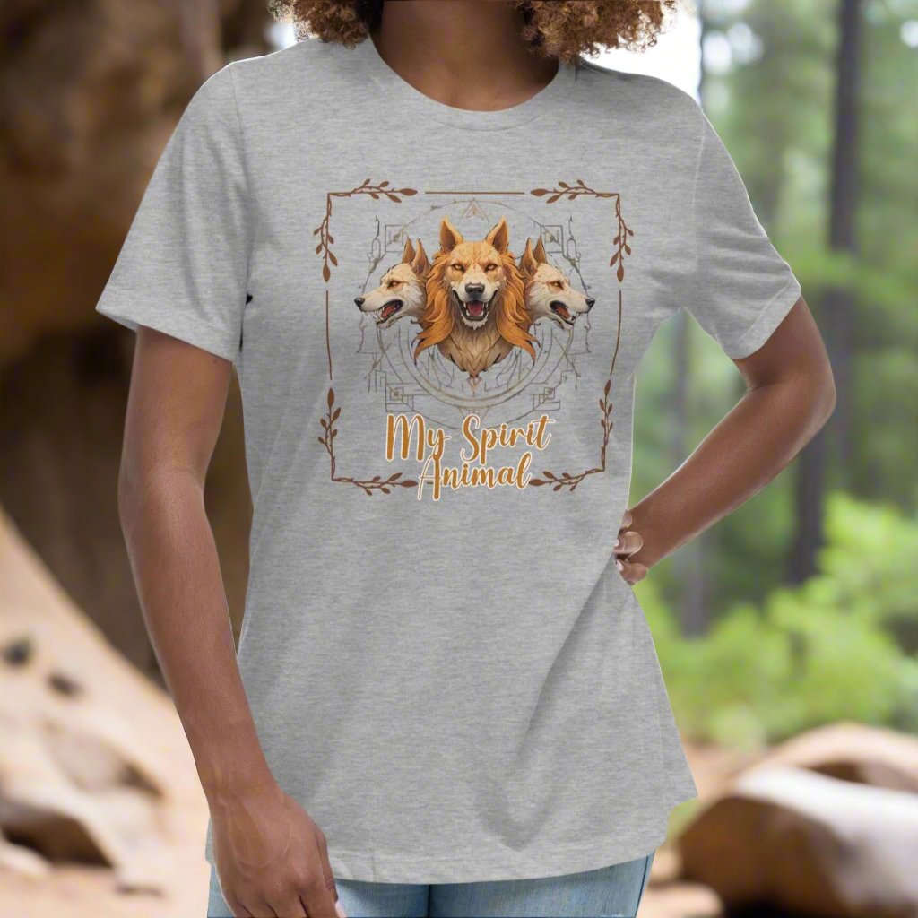 My Spirit Animal Cerberus Women's Graphic Tee, front View athletic heather t shirt. A three headed guardian of the underworld in golden browns with jaws open to display canines. Below the hellhound is my spirit animal