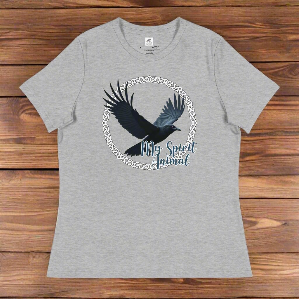 My Spirit Animal Raven Crow women's Graphic T-Shirt, Front View flat on counter athletic heather (grey) Tee, Raven wings spread in a Celtic Knot circle above My Spirit Animal, Mythical Accessories Emporium