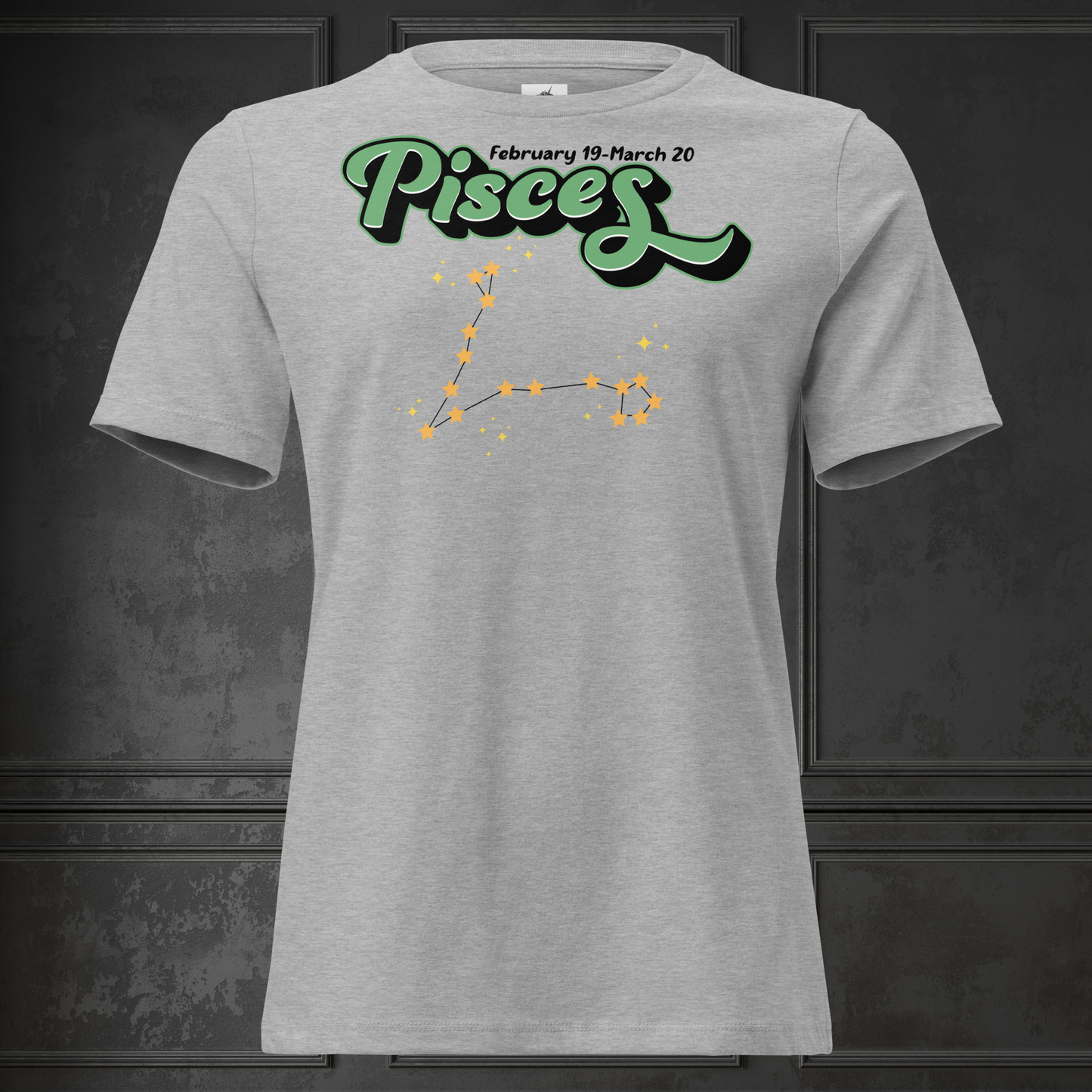 Front view athletic heather (grey) women's Pisces Tee not on model. you can see the inside of the neckline and hems of the sleeves. This Astrology T-Shirt has the word Pisces in large minty green script shadowed in black for a 3-D effect. Above this it Says February 19-March 20. Under Pisces is the star constellation with yellow stars connected by a black line and yellow smaller stars surrounding this. The perfect February or March Birthday Gift for Her or yourself.