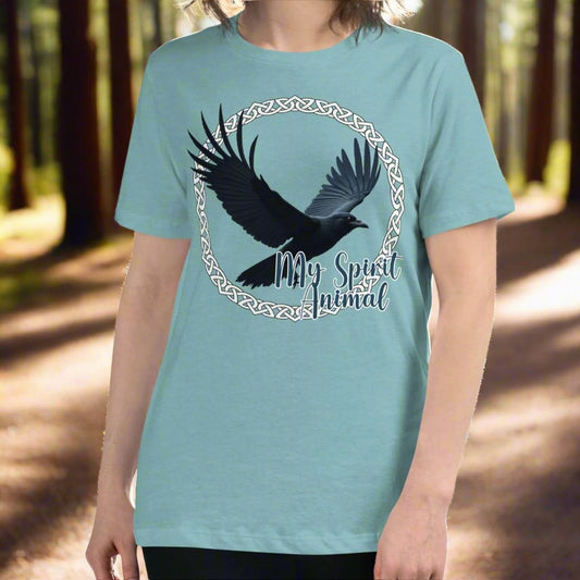 My Spirit Animal Raven Crow women's Graphic T-Shirt, Front View heather blue lagoon Tee, Raven wings spread in a Celtic Knot circle above My Spirit Animal, Mythical Accessories Emporium