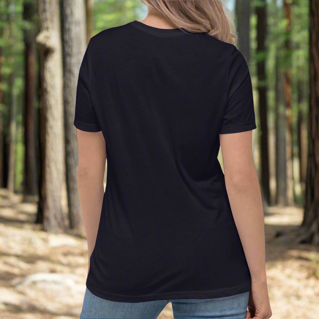 My Spirit Animal Cerberus Women's Graphic Tee, back View navyl t shirt. A three headed guardian of the underworld in golden browns with jaws open to display canines. Below the hellhound is my spirit animal
