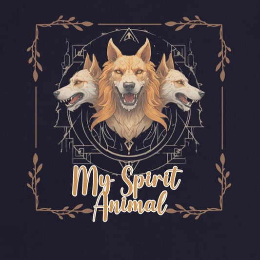 My Spirit Animal Cerberus Women's Graphic Tee, up close front View of graphic on a navy t shirt. A three headed guardian of the underworld in golden browns with jaws open to display canines. Below the hellhound is my spirit animal