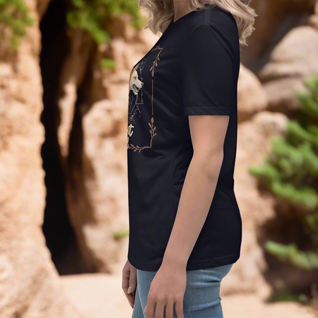 My Spirit Animal Cerberus Women's Graphic Tee, left side View navy t shirt. A three headed guardian of the underworld in golden browns with jaws open to display canines. Below the hellhound is my spirit animal