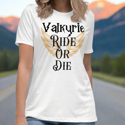 Women's White Front View T-Shirt. White Valkyrie wings edged in gold spread to both sides. Text on shirt Valkyrie Ride or Die.