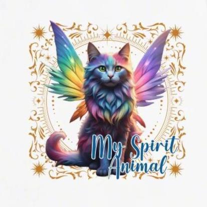 My Spirit Animal Fairy Cat Women's Graphic T-Shirt. Up Close Front view of graphic on a white shirt, Rainbow Fairy Cat wings spread behind her in various colors. Gold frame of magic symbols surround the fae cat. Text My Spirit Animal left side in blue.
