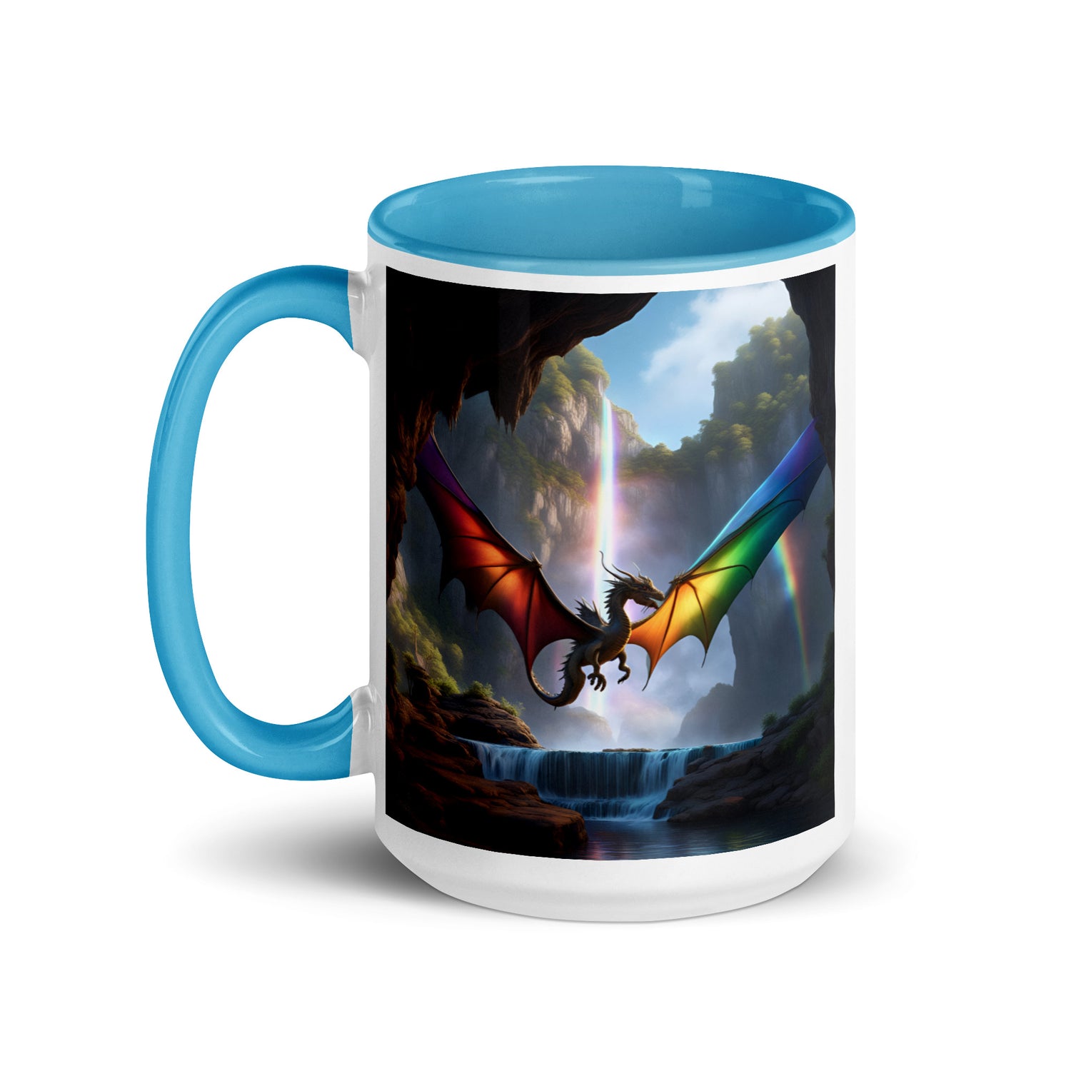 White ceramic mug with light blue interior, rim, and handle. Graphic of a flying rainbow dragon over in a waterfall valley. Dragon Mug, Dragon Coffee Cup.