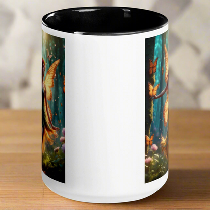 Spring Fae Mug, Fairy Mug, Fantasy Mug. White Ceramic Mug with black  handle, interior, and rim, front view. Fae with butterfly wings. Fairy Coffee Cup, Fantasy Reader Gift, Mythical Accessories Emporium.