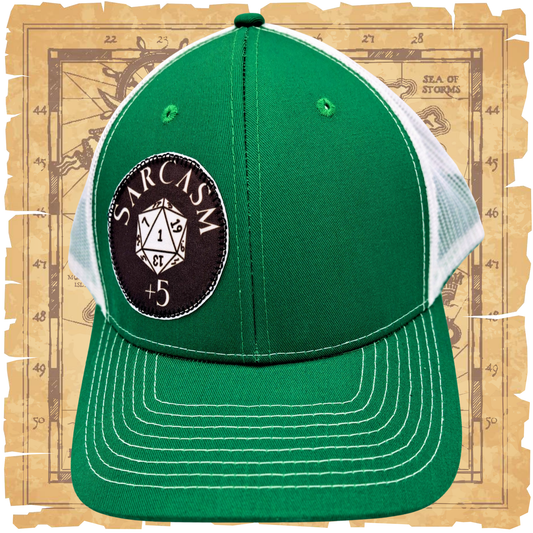 Green and White Snapback Baseball Hat. Brim and front of hat are a hunter green. Back is white mesh. A circle patch in black is on the right front of the hat. Patch had a white D20 rolled to a 1. Above the D20 in white text  is "Sarcasm". Below the D20 in white text is "+5". Brim features topstitching in white.