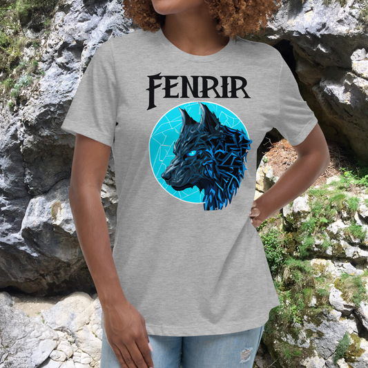 Women's Viking Shirt, Front View Fenrir Women's T-Shirt, Fantasy Readers Gifts, Women's Viking Gift, Grey Athletic Heather T-Shirt with Fenrir the wolf against a blue full moon. Norse Mythology Gift from Mythical Accessories Emporium