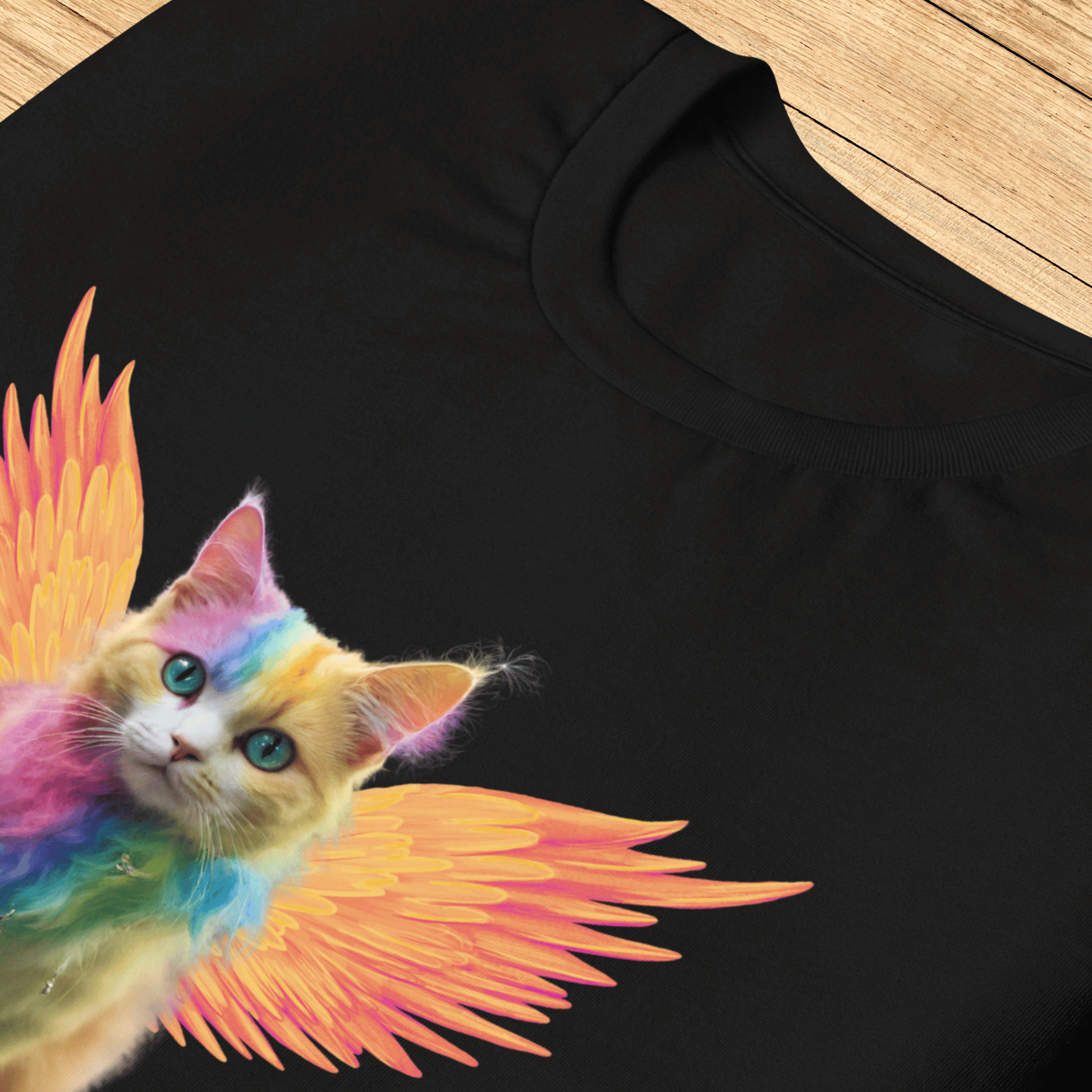 black Front View Men's T-Shirt laying flat on wooden surface, Rainbow Colored Tie Dye Cat with bright orange gold wings. Pop Art Cat, Fantasy Art, Fairycore Cat TShirt gifts for cat lover and cat dad shirt, whimsical fantasy magic rainbow fairy cat