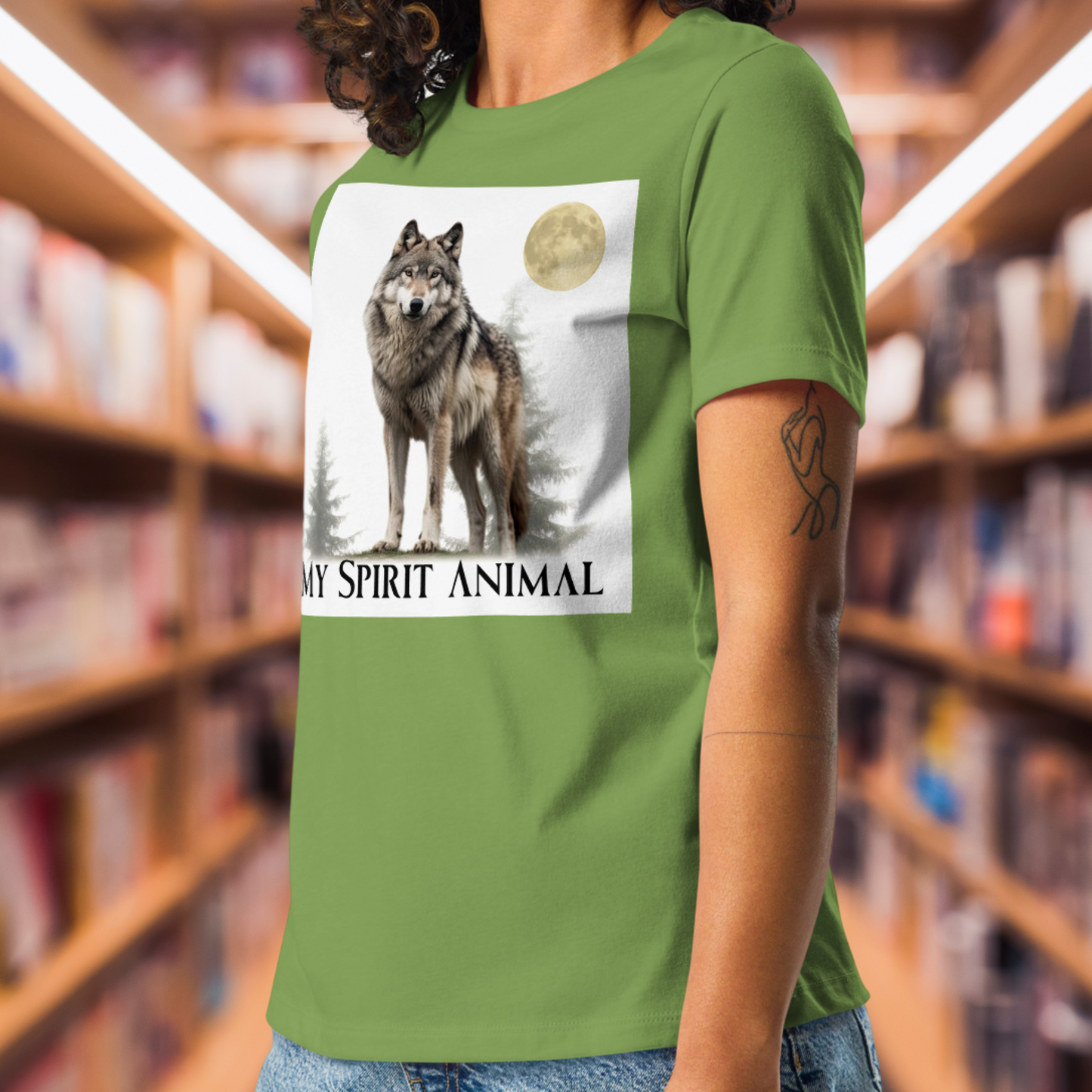 Women's Leaf Green Wolf Shirt, My Spirit Animal Women's T-Shirt Side View, Spirit Animal Shirt, Wolf Shirt, Fantasy Shirt, Familiar Wolf Shirt, Mythical Accessories Emporium