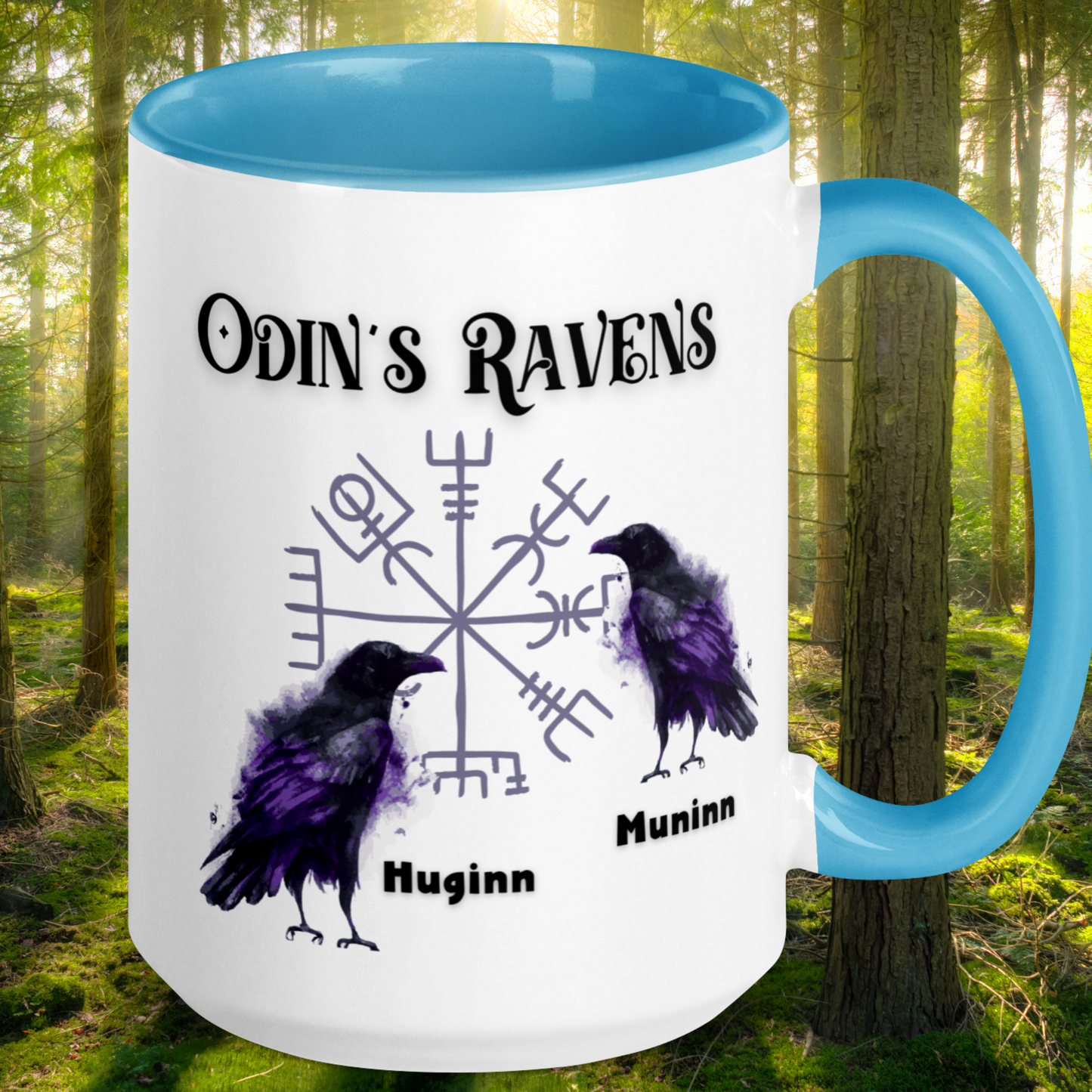 Odin's Ravens Mug, Viking Mug, Viking Gifts,Norse Pagan Gift, Norse Mythology Gift, White Ceramic Mug with blue interior, rim, and handle. Odin's Ravens Huginn and Muninn in purple and black in front of viking symbol vegvisir. Mythical Accessories Emporium