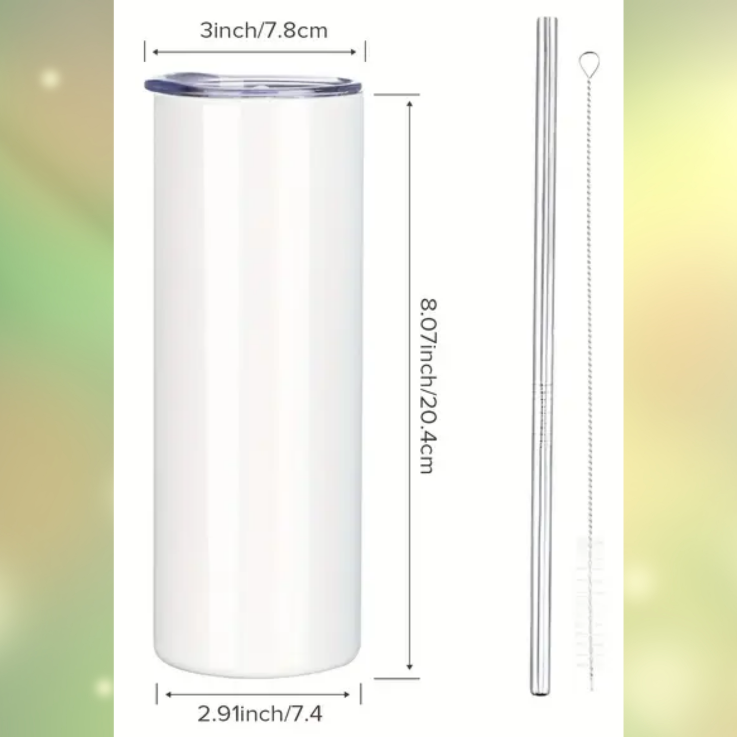 Image shows the size of the tumbler. The height is 8.07 inches, the width is 2.91 inches, and the lid is 3 inches across. Includes a metal straw and a cleaning brush.
