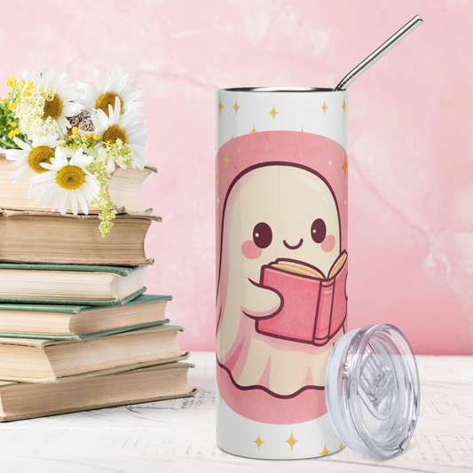 Front view of Pink Coquette Book Ghost Stainless Steel Tumbler on White Background. Bubblegum pink circle with white ghost with pink shadows and rosy cheeks. The ghost is holding a pink book that is open and is reading.  In white text to the left Book and to the right Ghost. There are yellow stars in the background on the white. BPA free plastic lid is leaning on the right side of the water bottle. Bookish Gift for Book Clubs and BookTok