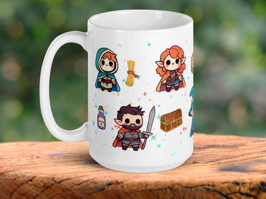 DND Chibi Characters Mug. 15 oz Ceramic Coffee Cup for Dungeons and Dragons or TTRPG Gamers. Handle is to the left. On this side you can see three different characters. A warrior in armor with a sword and pointed ears. A druid in a blue rove with a tuft of red hair showing.  A ranger with long red hair and pointed ears. A treasure chest, a scroll, and a potion bottle are visible.