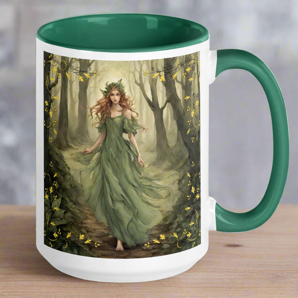 white ceramic mug, green interior and handle, Fae walking barefoot through the forest in a green flowing dress, red brown cascading  hair with a wreath of leaves in her hair. Handle to the right