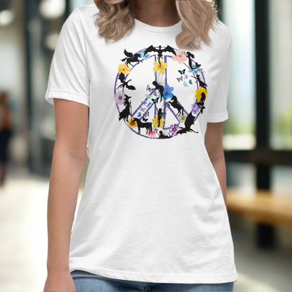 70s Vintage Peace Sign Women's white T-Shirt Front View. Purple Peace sign filled in with dragons, mermaids, fairies, unicorns, pegasi, witches, flowers, and butterflies. 