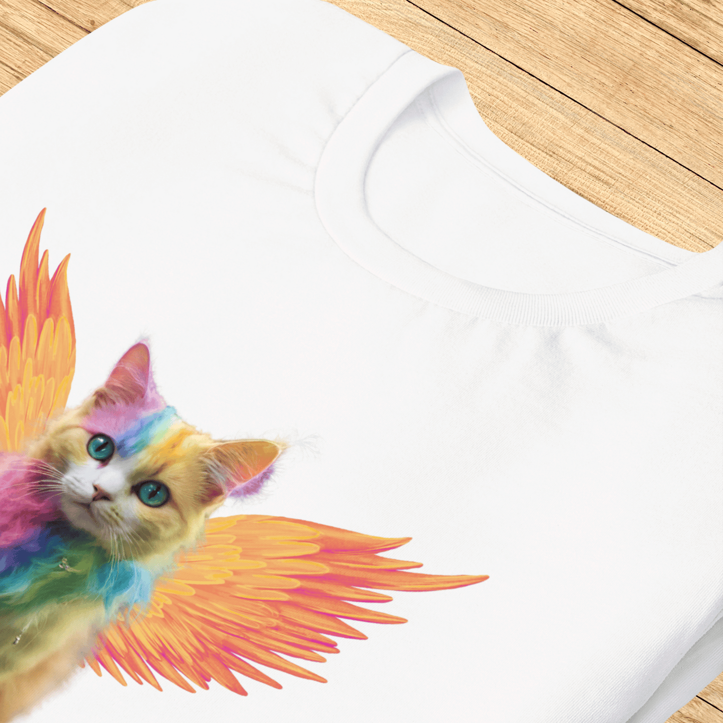 White Front View Men's T-Shirt laying flat on a wooden surface, Rainbow Colored Tie Dye Cat with bright orange gold wings. Pop Art Cat, Fantasy Art, Fairycore Cat TShirt gifts for cat lover and cat dad shirt, whimsical fantasy magic rainbow fairy cat