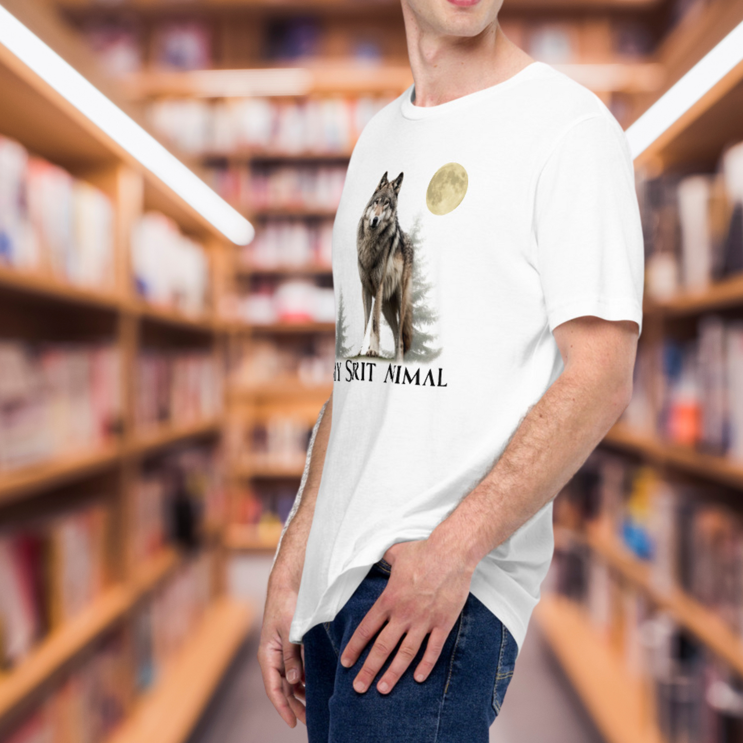 White Men's Wolf T-Shirt states My Spirit Animal. Side View. Wolf Shirt, My Spirit Animal Shirt, Men's Wolf Shirt, Men's Spirit Animal Shirt, Men's Wolf Gift, Mythical Accessories Emporium