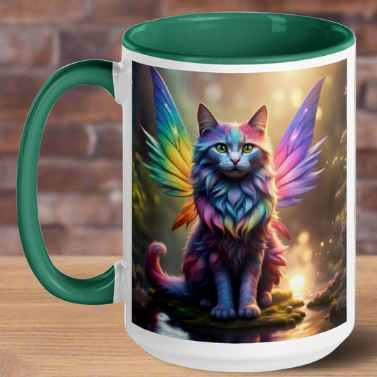 Rainbow Cat Fairy Ceramic Mug with green interior and handle. Image on both side of mug. 