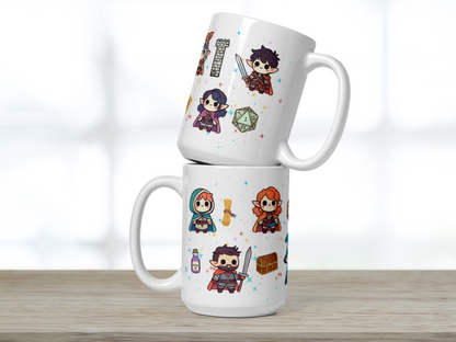 DND Chibi Characters Mug. 15 oz Ceramic Coffee Cup for Dungeons and Dragons or TTRPG Gamers. Image has one cup stacked inside another so that you can see both sides at one time. You can see a D20, castle tower, potion bottle, rogue, fighter, druid, etc. Each one is brightly colored with large eyes and hand drawn. 