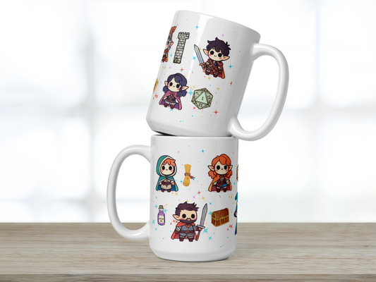 DND Chibi Characters Mug. 15 oz Ceramic Coffee Cup for Dungeons and Dragons or TTRPG Gamers. Image has one cup stacked inside another so that you can see both sides at one time. You can see a D20, castle tower, potion bottle, rogue, fighter, druid, etc. Each one is brightly colored with large eyes and hand drawn. 