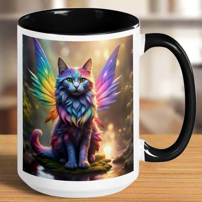 Rainbow Cat Fairy Ceramic Mug with black interior and handle to the right. Image on both side of mug. 