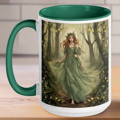 white ceramic mug, green interior and handle, Fae walking barefoot through the forest in a green flowing dress, red brown cascading  hair with a wreath of leaves in her hair. handle to the left