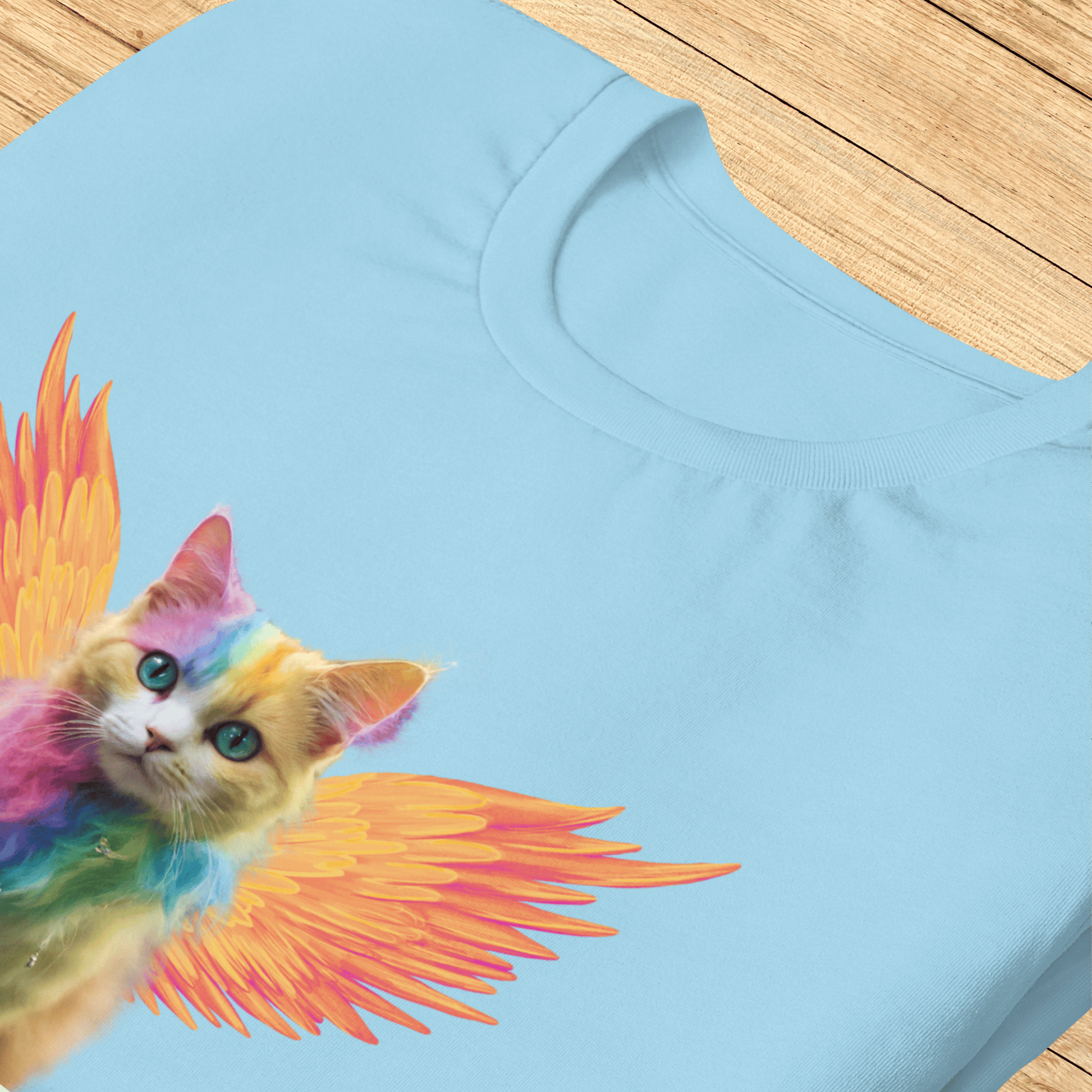 blue Front View Men's T-Shirt laying flat on a wooden surface, Rainbow Colored Tie Dye Cat with bright orange gold wings. Pop Art Cat, Fantasy Art, Fairycore Cat TShirt gifts for cat lover and cat dad shirt, whimsical fantasy magic rainbow fairy cat