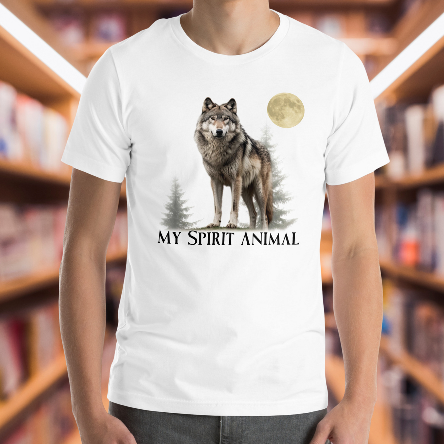 White Men's Wolf T-Shirt states My Spirit Animal. Front View. Wolf Shirt, My Spirit Animal Shirt, Men's Wolf Shirt, Men's Spirit Animal Shirt, Men's Wolf Gift, Mythical Accessories Emporium