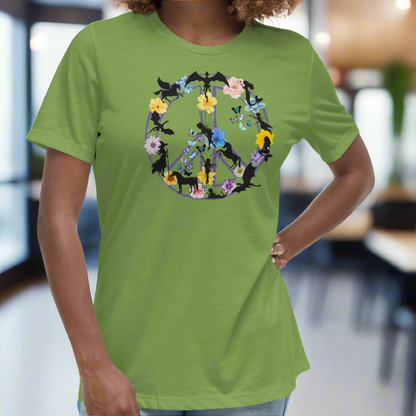 70s Vintage Peace Sign Women's Leaf (green) T-Shirt Front View. Purple Peace sign filled in with dragons, mermaids, fairies, unicorns, pegasi, witches, flowers, and butterflies. 