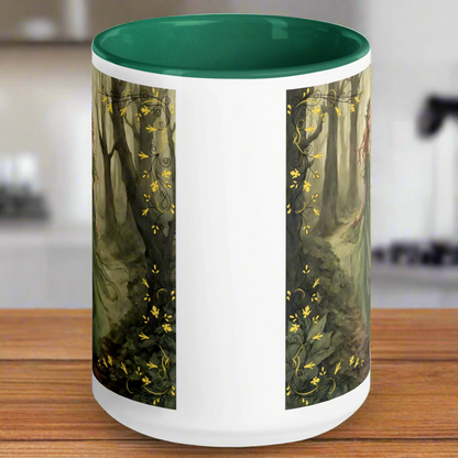 white ceramic mug, green interior and handle, Fae walking barefoot through the forest in a green flowing dress, red brown cascading  hair with a wreath of leaves in her hair. handle to the back