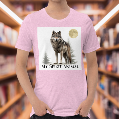 Heather Prism Lilac Men's Wolf T-Shirt states My Spirit Animal. Front View. Wolf Shirt, My Spirit Animal Shirt, Men's Wolf Shirt, Men's Spirit Animal Shirt, Men's Wolf Gift, Mythical Accessories Emporium