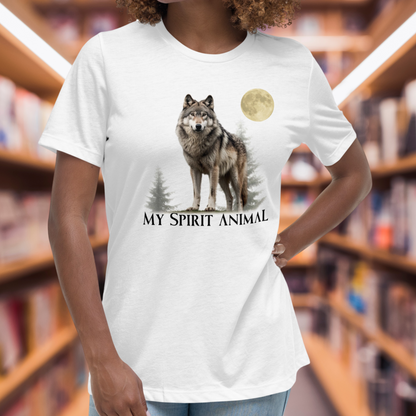 Women's White Wolf Shirt, My Spirit Animal Women's T-Shirt Front View, Spirit Animal Shirt, Wolf Shirt, Fantasy Shirt, Familiar Wolf Shirt, Mythical Accessories Emporium