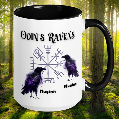 Odin's Ravens Mug, Viking Mug, Viking Gifts,Norse Pagan Gift, Norse Mythology Gift, White Ceramic Mug with black interior, rim, and handle. Odin's Ravens Huginn and Muninn in purple and black in front of viking symbol vegvisir. Mythical Accessories Emporium