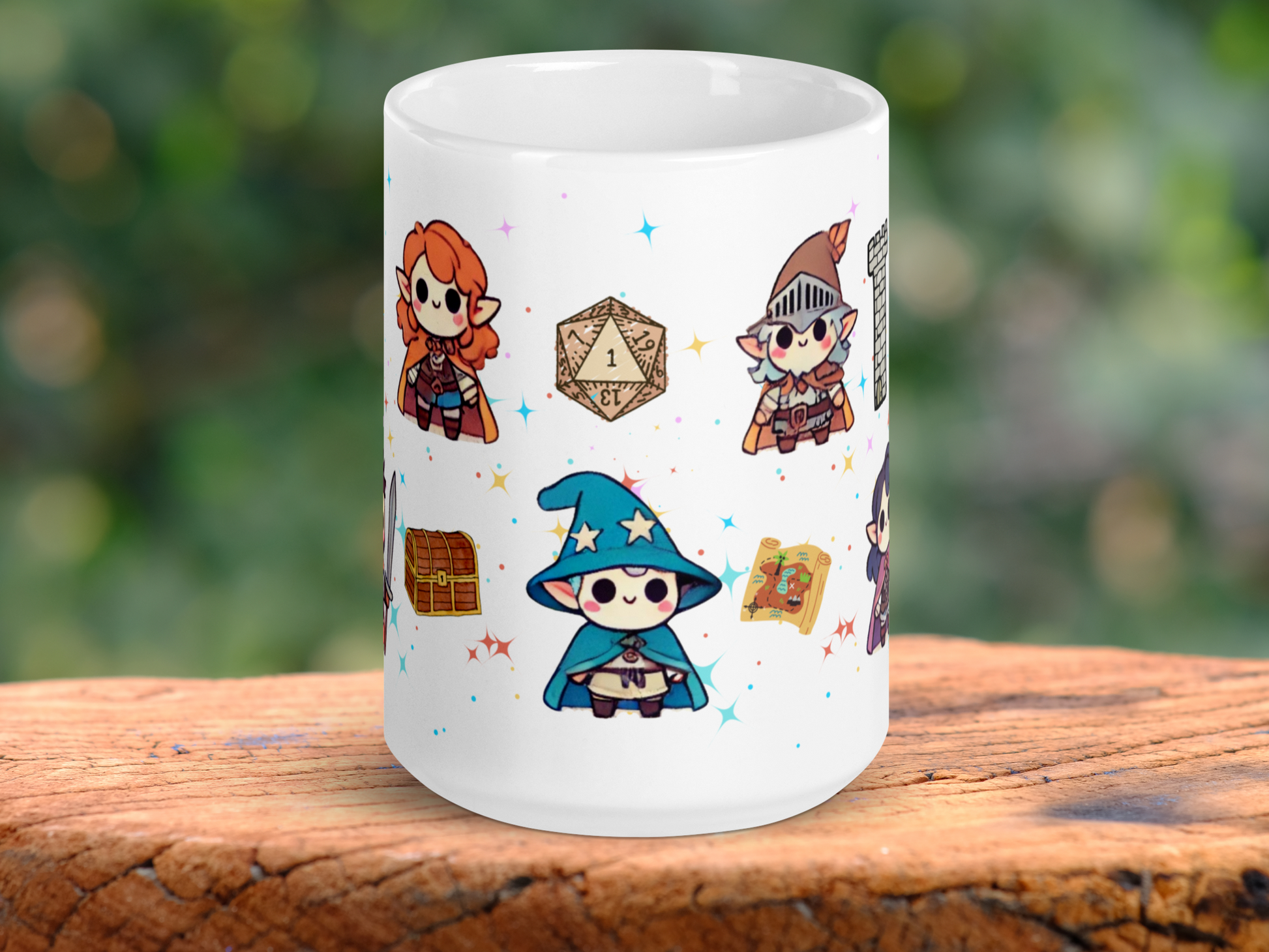 DND Chibi Characters Mug. 15 oz Ceramic Coffee Cup for Dungeons and Dragons or TTRPG Gamers. Handle is to the back of the cup. You can see three characters. The ranger with long red hair and pointed ears, a magic user in a long blue robe with a blue pointed hat with stars and pointed ears. A rogue with grey blue hair, pointed ears, a brown hat with a metal visor. You can see a D20 rolled to a 1, a treasure chest, and an open scroll.