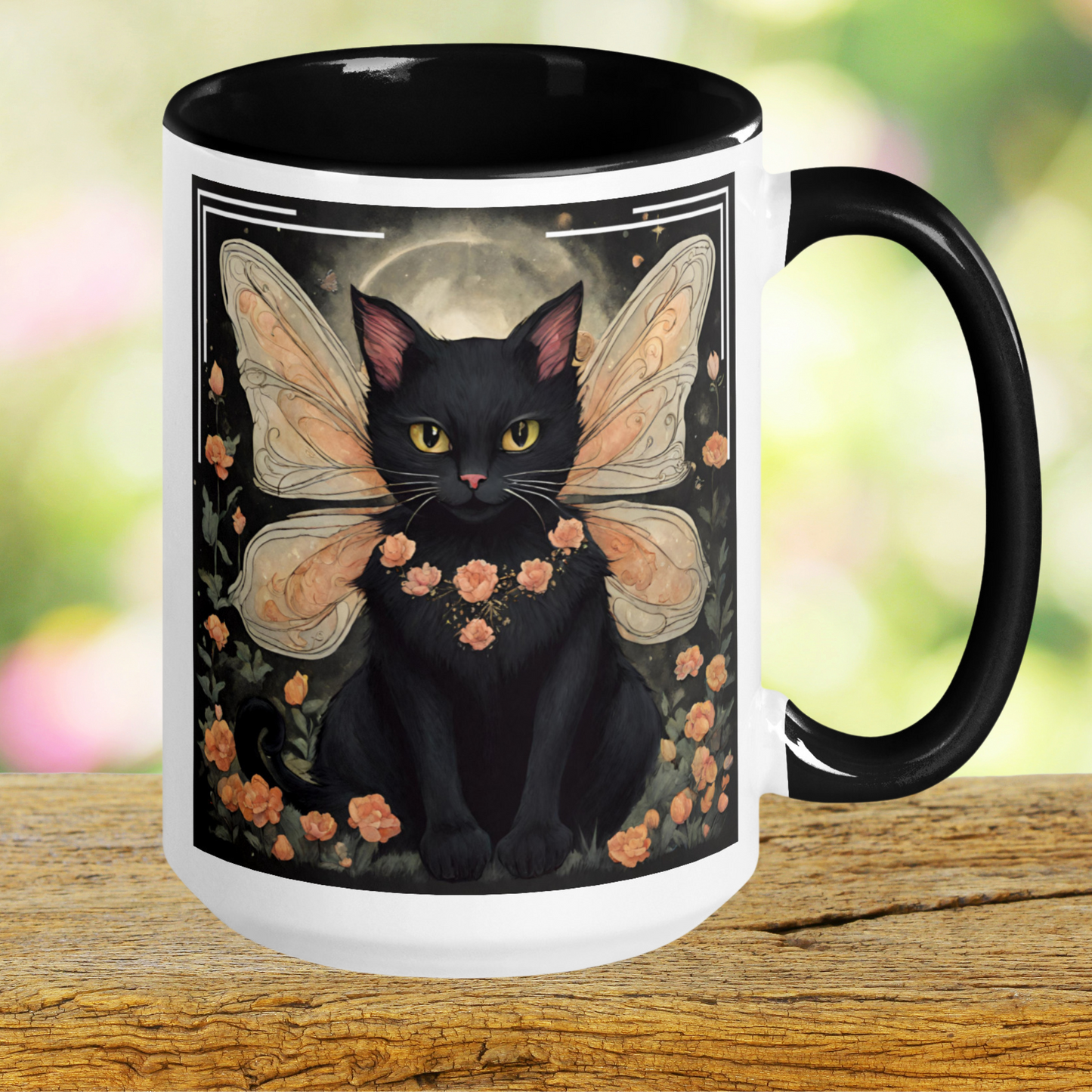 Right Side of white ceramic mug with black handle, interior, and rim. Black fairy surrounded by peach roses. Black cat is in front of a night sky. Full moon shows between the black cats wings.