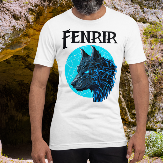 Viking Shirt, Fenrir Shirt, Wolf Shirt, Mythology Gift, Viking Gift, White men&#39;s t-shirt, front view, Fenrir in blue with glowing eyes. Mythical Accessories Emporium