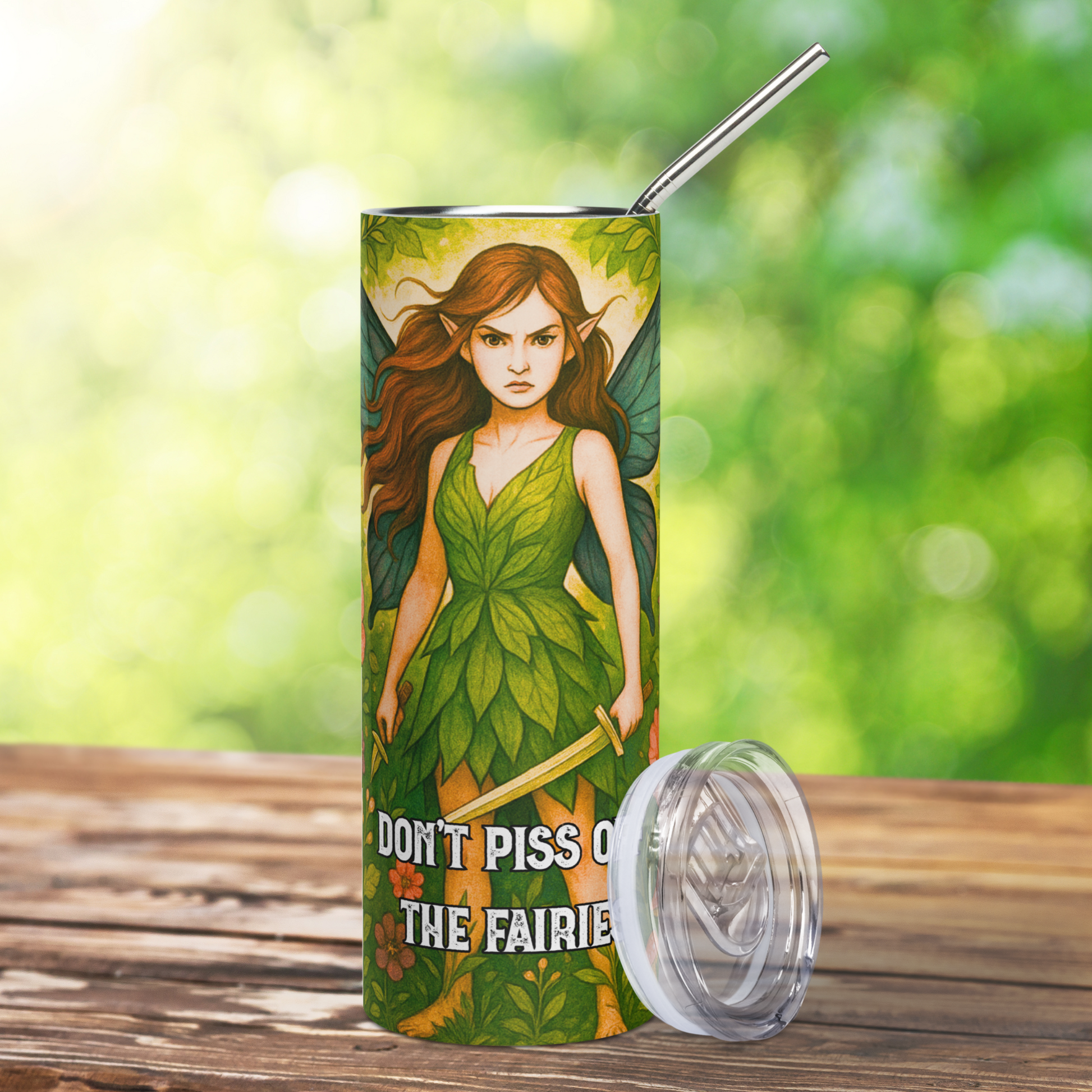 Fairy Stainless Steel Tumbler 20 oz. Front View with the plastic BPA free lid leaning against the right side. Metal straw sticks up out of the tumbler. Angry and battle ready with brunette hair streaming around her the pixie is dressed in a green leaf dress with blue/green butterfly wings. In her left hand she holds a knife and in her right hand a sword. To the bottom it says in white text, "Don't Piss Off The Fairies".