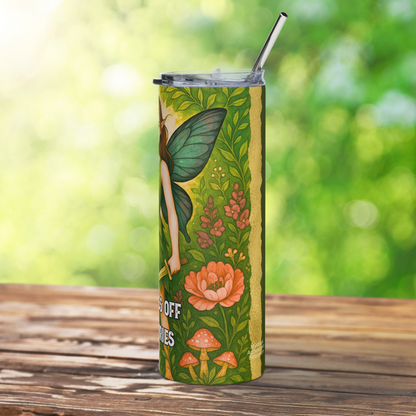 Fairy Pixie 20 oz Stainless Steel Tumbler. Right side view. Metal straw sticks up over the edge of the BPA free plastic lid. You can see the right butterfly wing, right arm gripping the handle of a sword, pink peonies and other flowers, and mushrooms.